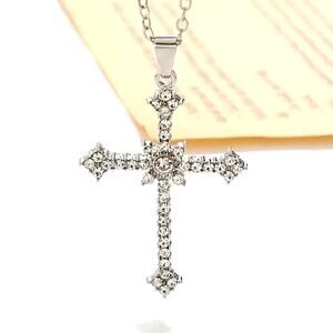 925 Serling Silver Necklace w/ CZ Cross & Star Woman's Valentine's Birthday Gift